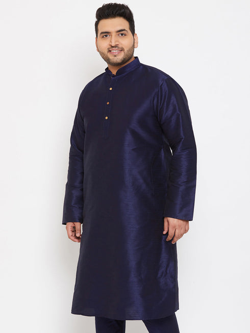 Vastramay Men's Plus Size Navy Blue Silk Blend Kurta